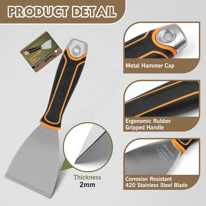Rolling Dog 3" Angled Stiff Chisel Scraper-5 Degree Angled Putty Knife with Metal Hammer Cap, Rubber Gripped Handle, Paint Scraper into Corners - Image 3